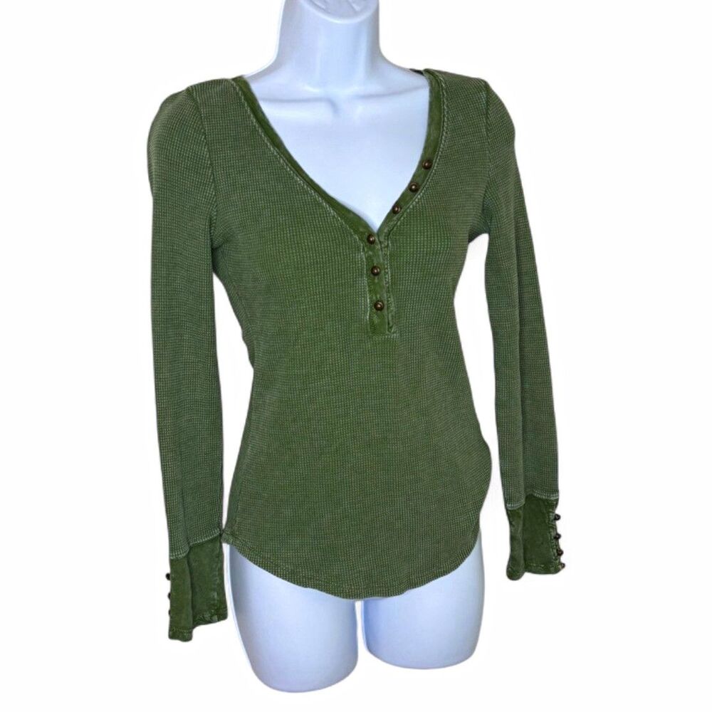 Pilcro Anthropologie Waffle Knit Henley Top Olive Green Size XS